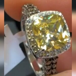 925 Sterling Silver Yellow Citrine Gemstone Ring w/Chocolate CZ Stones $106 6.5